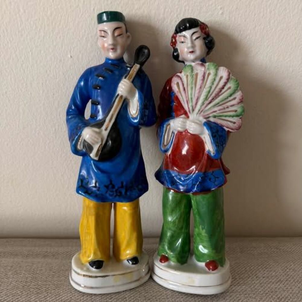 Hand Painted Japanese Porcelain Figurines Pair – Musician & Fan Dancer (8.5")
